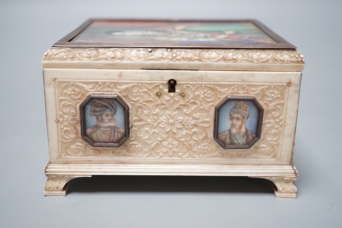 A Company School ivory box, India, 19th century 7.5cm high, 12cm long, 9.5cm wide, inset with miniatures of royalty